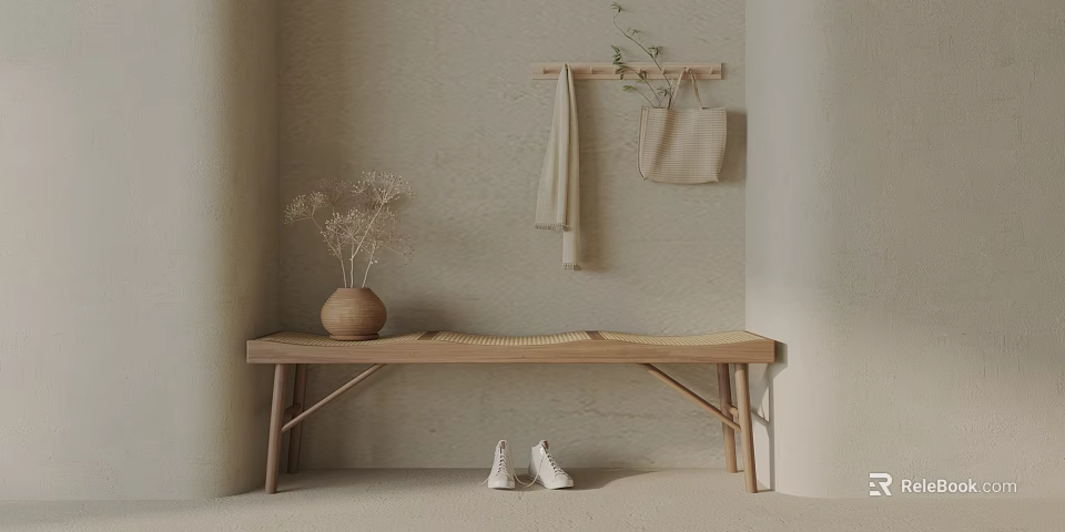 Wooden Bench In Minimalist Room With Dried Flowers Vase Hanging Bag Scarf And White Shoes 3d model 