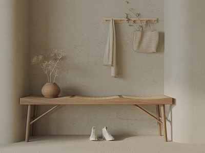 Wooden Bench In Minimalist Room With Dried Flowers Vase Hanging Bag Scarf And White Shoes 3d model