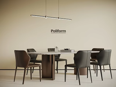 Modern Minimalist Dining Room With Poliform Dining Table Leather Chairs And Pendant Light 3d model
