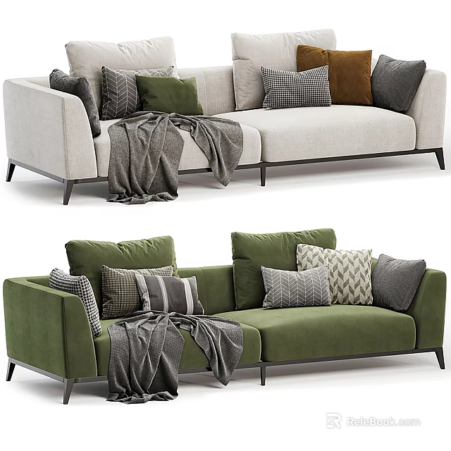 Stylish Two Seater Sofa With Cozy Throw Pillows And Warm Blanket 3d model 