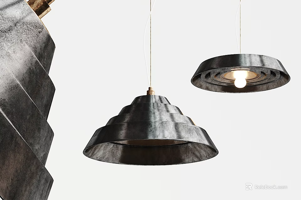 Modern Pendant Lights With Textured Metal Shades Conical Circular Designs And Wooden Accents 3d model 