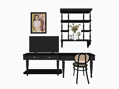 Modern Black Dressing Table With Chair Drawers And Decorative Shelves 3d model
