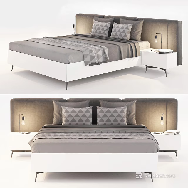 Modern Double Bed With Upholstered Headboard Gray Bedding And Geometric Pillows 3d model 