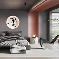 Modern Bedroom Interior Design With Gray Bed Round Decorative Painting Nightstands And Rug