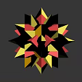 Cartoon Scene With Yellow Red Triangles And Glossy Polyhedron Sphere On Dark Background