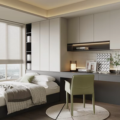 Modern Tatami Bedroom Interior Design With Tatami Bed Built In Storage Cabinets And Desk Chair 3d model