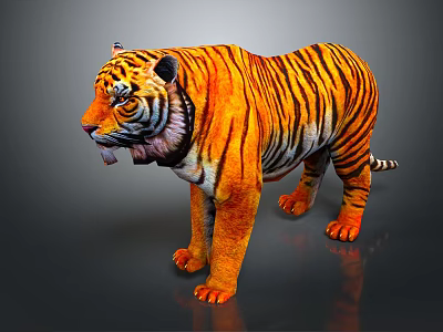 Realistic 3D Tiger With Orange Black Stripes Standing Pose And Shiny Fur 3d model