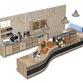 Modern Reception Desk Design With Wooden Counter Hanging Lamps And Display Shelves