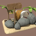Cartoon Happy Island Scene With Palm Trees Round Hut Sandy Beach And Stone Path