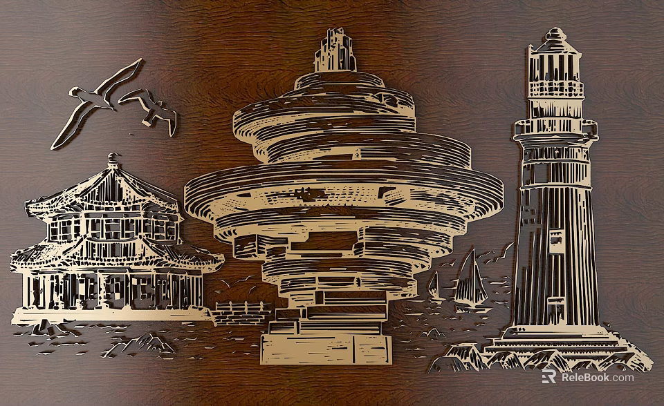 Intricate Wood Carving Art Featuring Chinese Style Building Spiral Structure Lighthouse Seagulls And Sailboats 3d model 