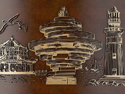 Intricate Wood Carving Art Featuring Chinese Style Building Spiral Structure Lighthouse Seagulls And Sailboats 3d model