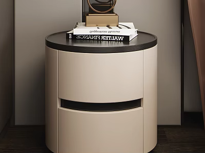 Modern Beige Nightstand With Black Top Drawers Stacked Books And Decorative Ornament 3d model