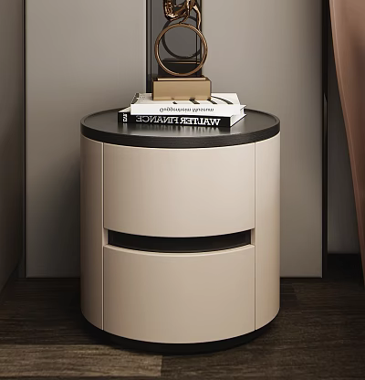 Modern Beige Nightstand With Black Top Drawers Stacked Books And Decorative Ornament 3d model