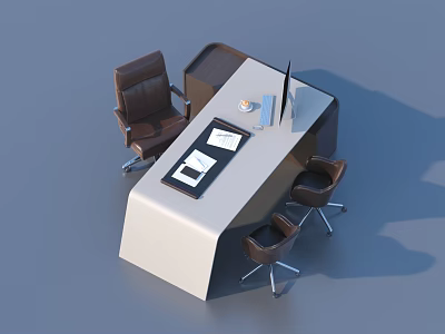 Modern Office Desk Workstation with Brown Leather Chairs Laptop Documents and Cup 3d model