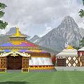 Colorful Traditional Yurt Garden Ornaments With Yellow Roofs Green Grass And Mountain Background