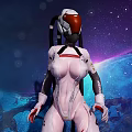 Women in Futuristic White Red Tech Suits Standing on Grid Floor with Starry Space Background