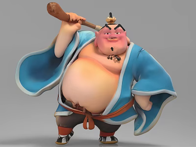 Chubby Japanese Game Character Wearing Blue Kimono Holding Wooden Mallet With Topknot And Exaggerated Expression 3d model