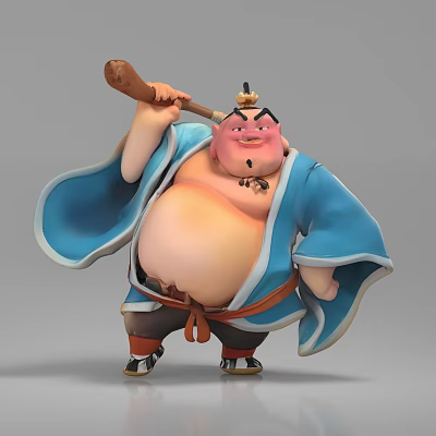 Chubby Japanese Game Character Wearing Blue Kimono Holding Wooden Mallet With Topknot And Exaggerated Expression 3d model