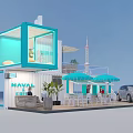 HAVAL Coffee Bar With Blue White Container Structure And Silver SUV Car Near Tower