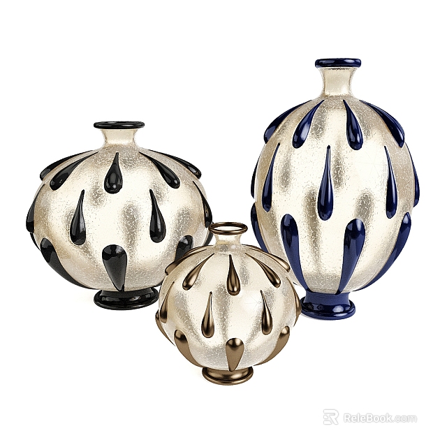 Ceramic Vases with Rounded Spherical Shape Water Drop Patterns Silver Blue Black Colors 3d model 