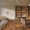 Modern Restaurant Interior With Wooden Flooring Pendant Lights Dining Table And Bookshelves