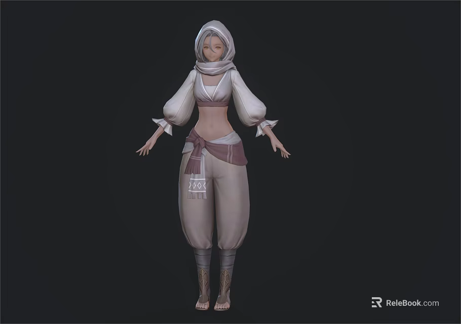 Woman Wearing Traditional Hooded Scarf Puffed Sleeve Cropped Top Beige Pants Sash Belt And Sandals 3d model 
