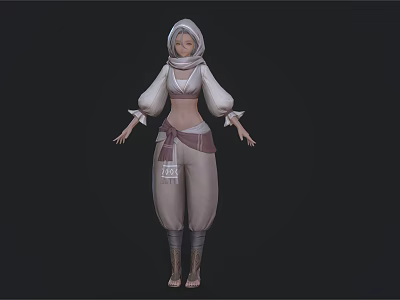 Woman Wearing Traditional Hooded Scarf Puffed Sleeve Cropped Top Beige Pants Sash Belt And Sandals 3d model