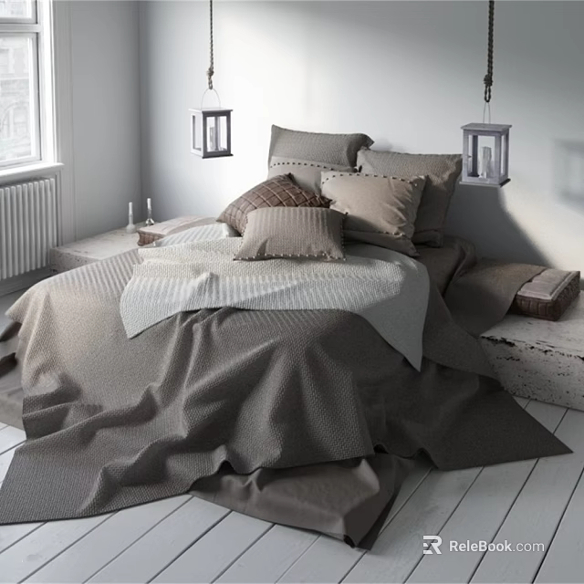 Cozy Neutral Toned Bedroom Essentials With Textured Pillows Lanterns And Soft Linens 3d model 