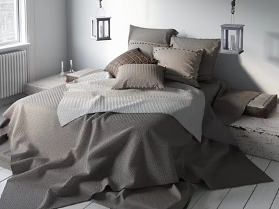 Cozy Neutral Toned Bedroom Essentials With Textured Pillows Lanterns And Soft Linens 3d model