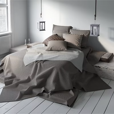 Cozy Neutral Toned Bedroom Essentials With Textured Pillows Lanterns And Soft Linens 3d model