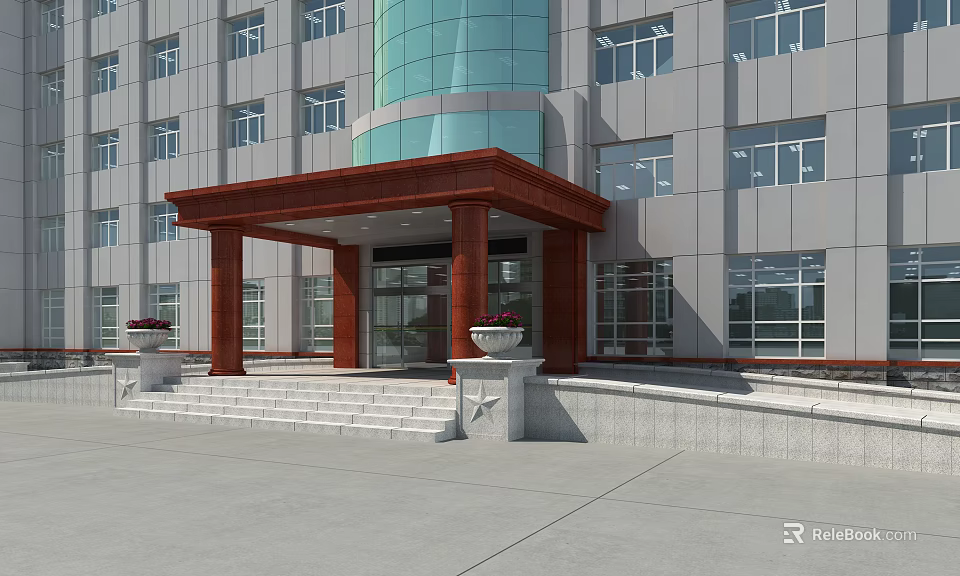 Gray Building Exterior Wall With Glass Curtain Wall Red Entrance Canopy Steps And Flower Pots 3d model 