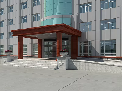 Gray Building Exterior Wall With Glass Curtain Wall Red Entrance Canopy Steps And Flower Pots 3d model