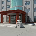 Gray Building Exterior Wall With Glass Curtain Wall Red Entrance Canopy Steps And Flower Pots