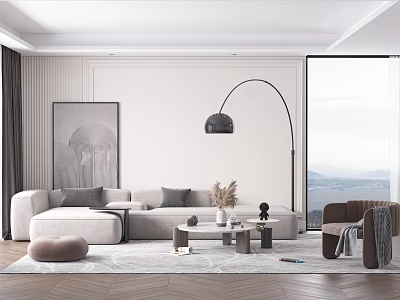 Modern Living Room with L shaped Sofa Coffee Table Floor Lamp and Mountain View Window 3d model