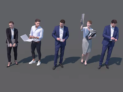 Group of Business Professionals in Formal Attire Holding Documents and Tablets 3d model