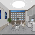 Dental Clinic Interior With Treatment Chairs White Cabinets Green Plants And Blue Posters