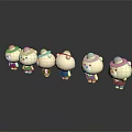 Multiple Cartoon Dolls With Hats And Outfits On Black Background With Reflections