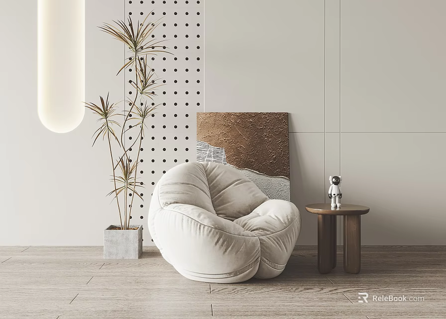 Cozy White Bean Bag Chair with Wooden Table Green Plant and Dotted Wall Decor 3d model 