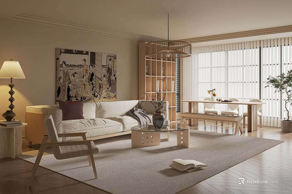 Modern Living Room Interior With Sofa Rug Artwork And Bookshelf Near Window 3d model 