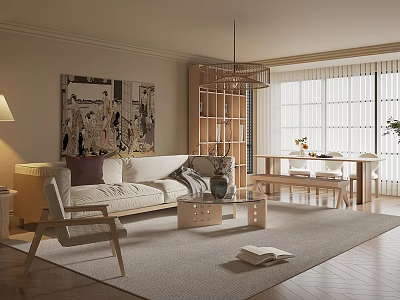 Modern Living Room Interior With Sofa Rug Artwork And Bookshelf Near Window 3d model