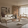 Modern Living Room Interior With Sofa Rug Artwork And Bookshelf Near Window