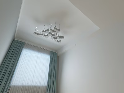 Modern Chandelier with Multiple Curved White Lights in Interior with Green Curtains and Sheer Window 3d model