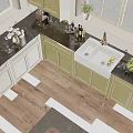 Green Kitchen Interior With Black Countertops Gas Stove Cabinets And Floral Rug