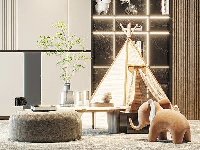 Modern Living Room Coffee Table With Tent Decoration Elephant Toy And Green Plant 3d model