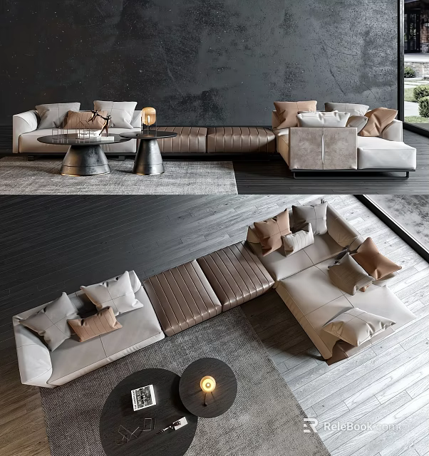 Elegant Modern Sectional Sofa With Light Gray Brown Upholstery Plush Pillows And Coffee Tables 3d model 