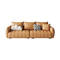 Modern Tan Leather Multi-seat Sofa with Cloud Shaped Polka Dot and Solid Color Pillows 3d model