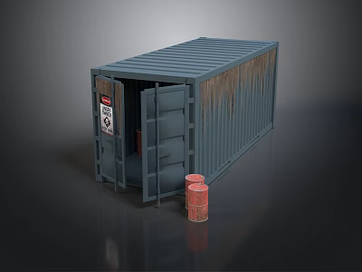 Blue Shipping Container With Open Door And Red Barrels Showing Rust Stains 3d model