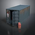 Blue Shipping Container With Open Door And Red Barrels Showing Rust Stains