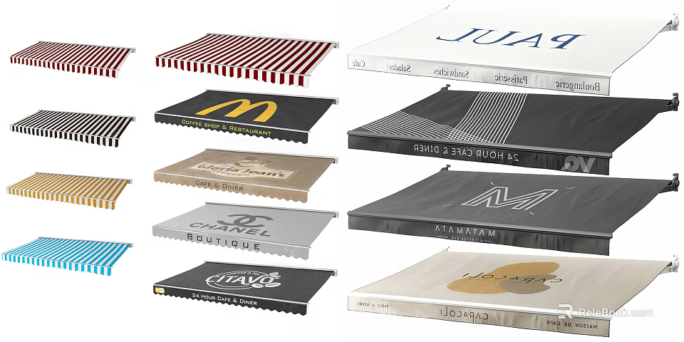Various Commercial Awnings Featuring Branded Logos And Stylish Designs With Different Patterns And Colors 3d model 