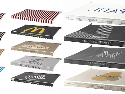 Various Commercial Awnings Featuring Branded Logos And Stylish Designs With Different Patterns And Colors 3d model